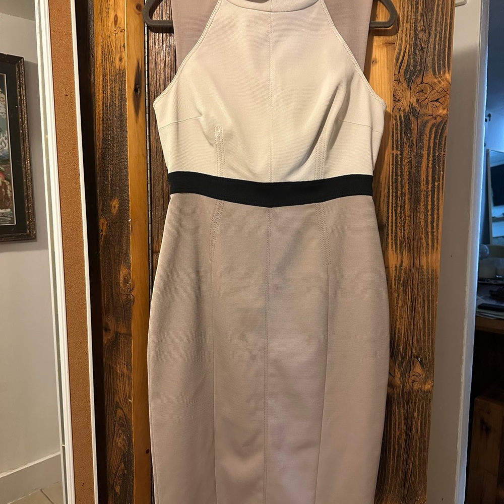 Karen Millen Cream Sheath Midi Dress Mock Neck